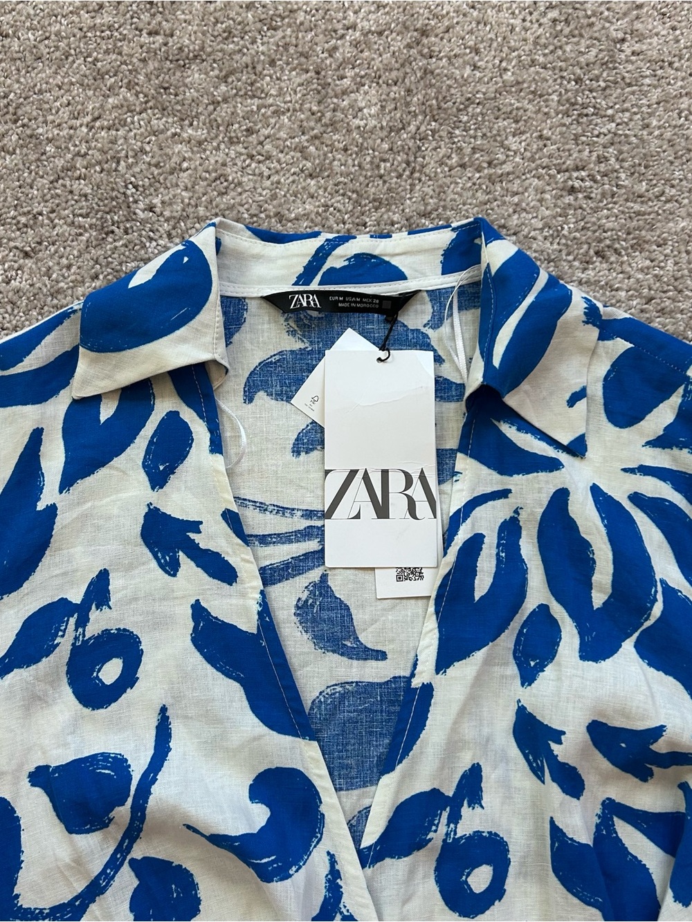 ZARA Linen Blend Floral Wrap Dress Medium NWT Blue White Tropical Abstract Mini - Picture 5 of 10